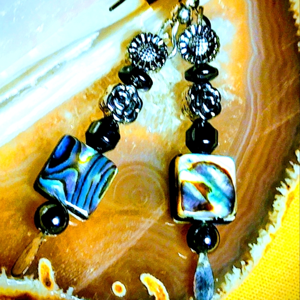 ABALONE, BLACK HEMATITE, DANGLE EARRINGS. STERLING PINS, & HYPOALLERGENIC WIRES.